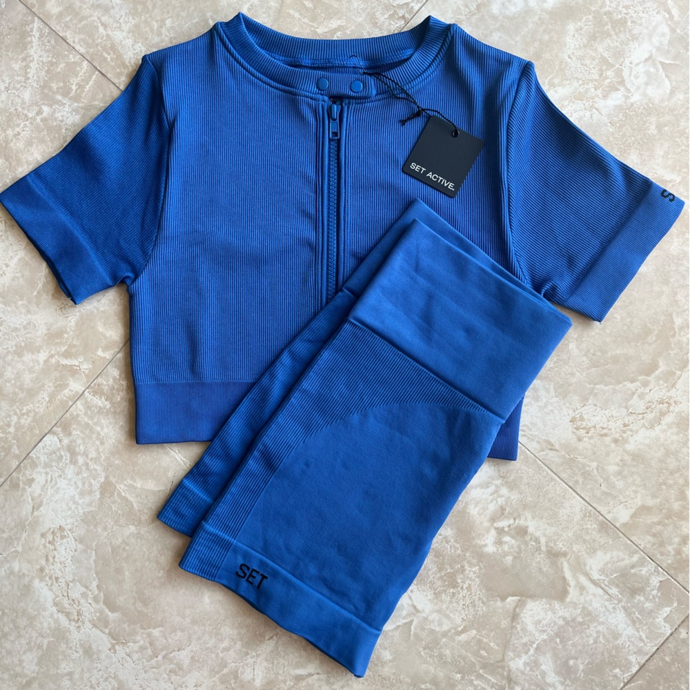 SET ACTIVE | Cobalt Sculptflex Ribbed Moto Zip Top & Bike Shorts